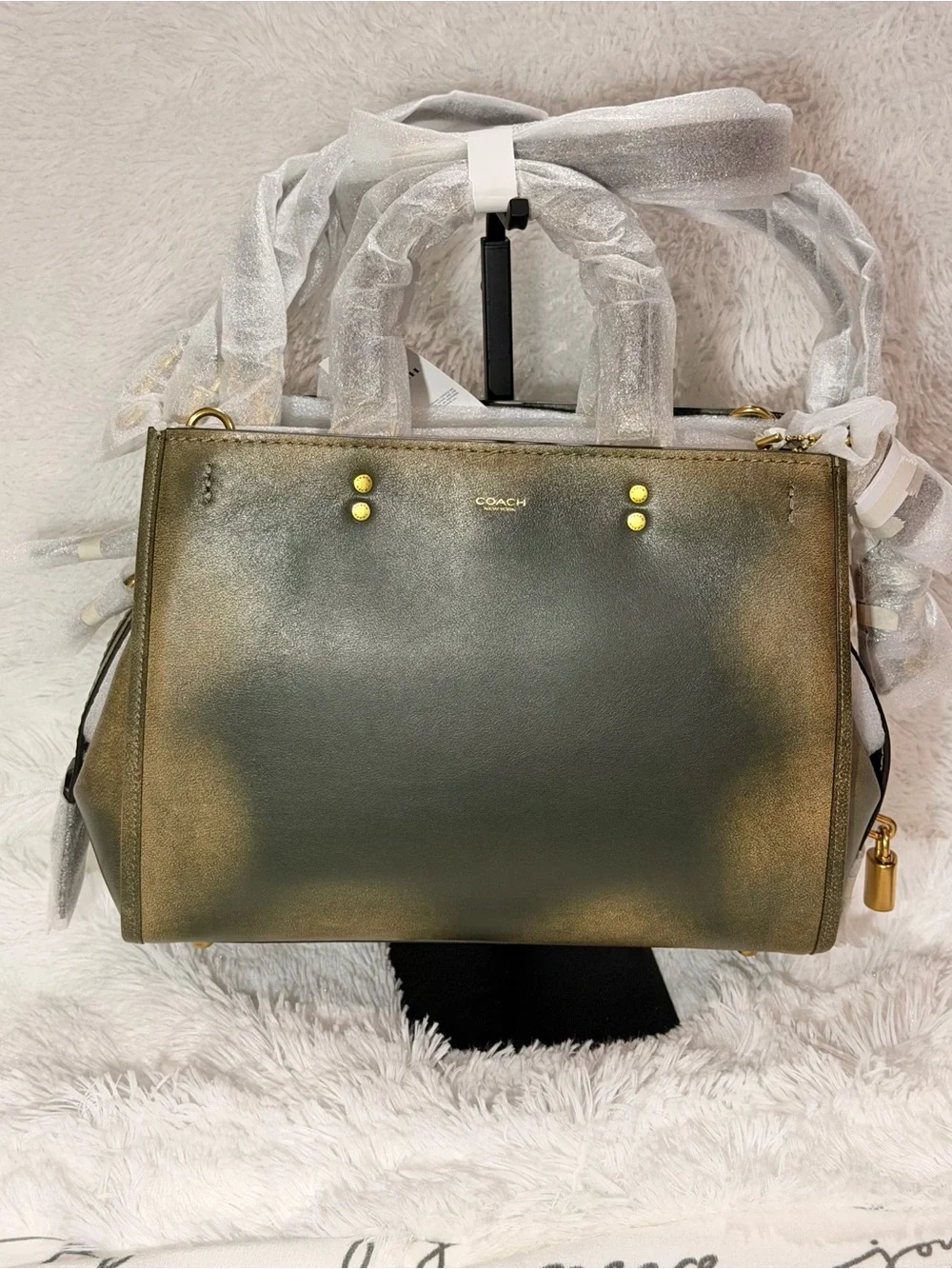 Coach Loved Leather Rogue 31 Bag Brass/Green Rub-off Soft Full Grain leather NWT